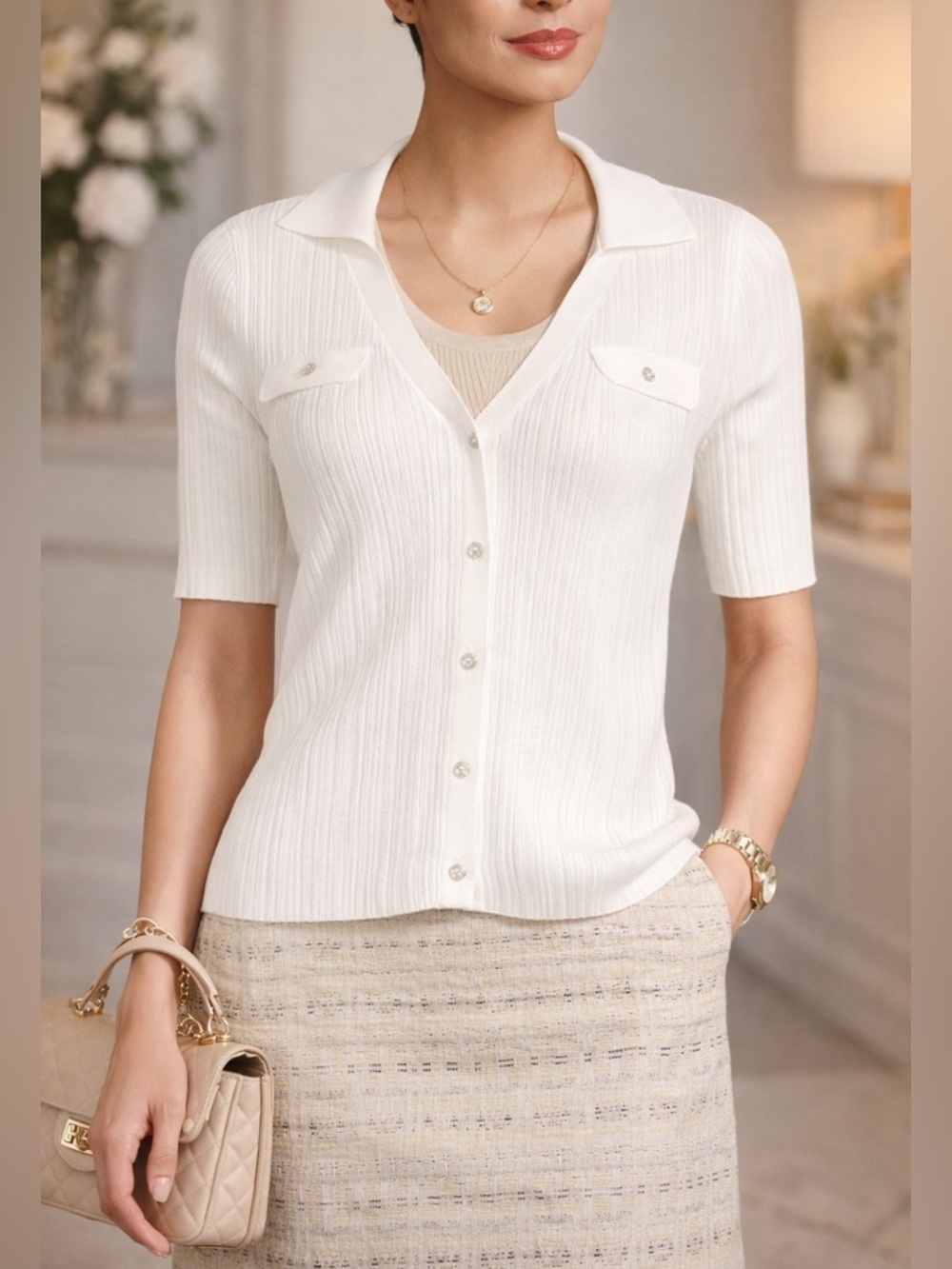 Karl Lagerfeld Paris White Knit Cardigan M NWT Johnny Collar Button Front
